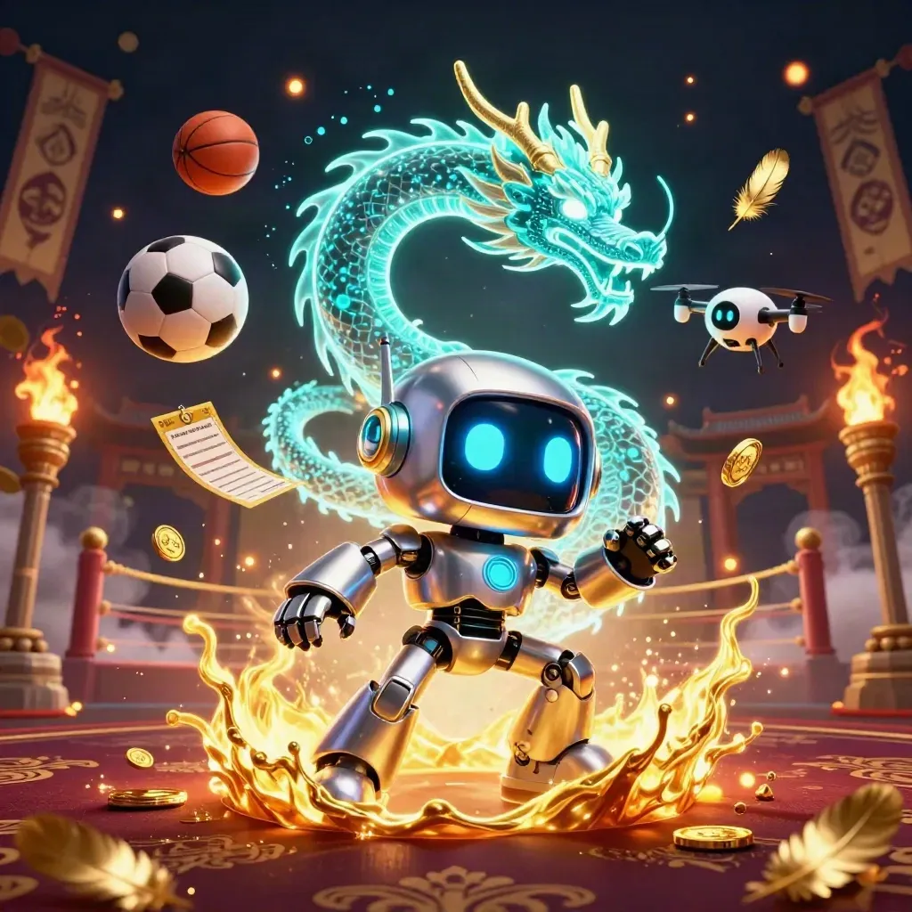 Robot mascot, teal dragon and coin drone amid gold sparks, coins and a flying ball.