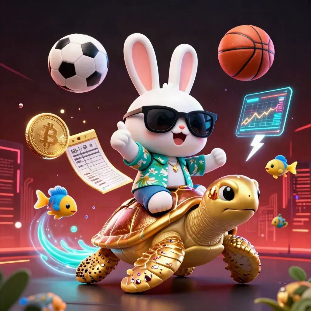 Rabbit on golden sea turtle with coins, fish, ball, chart and neon energy over dark skyline.