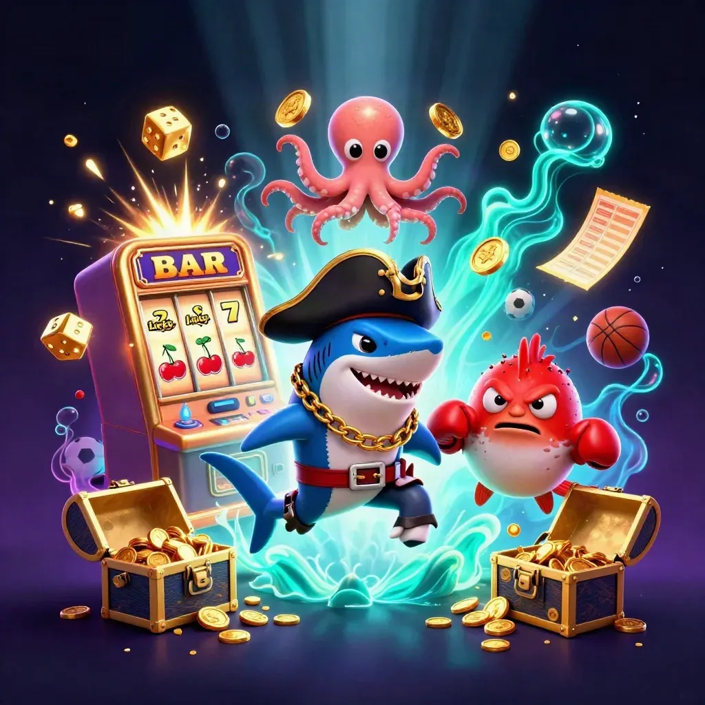 Pirate shark, pufferfish, and octopus amid slot-machine chaos, coins, balls, and neon casino glow.