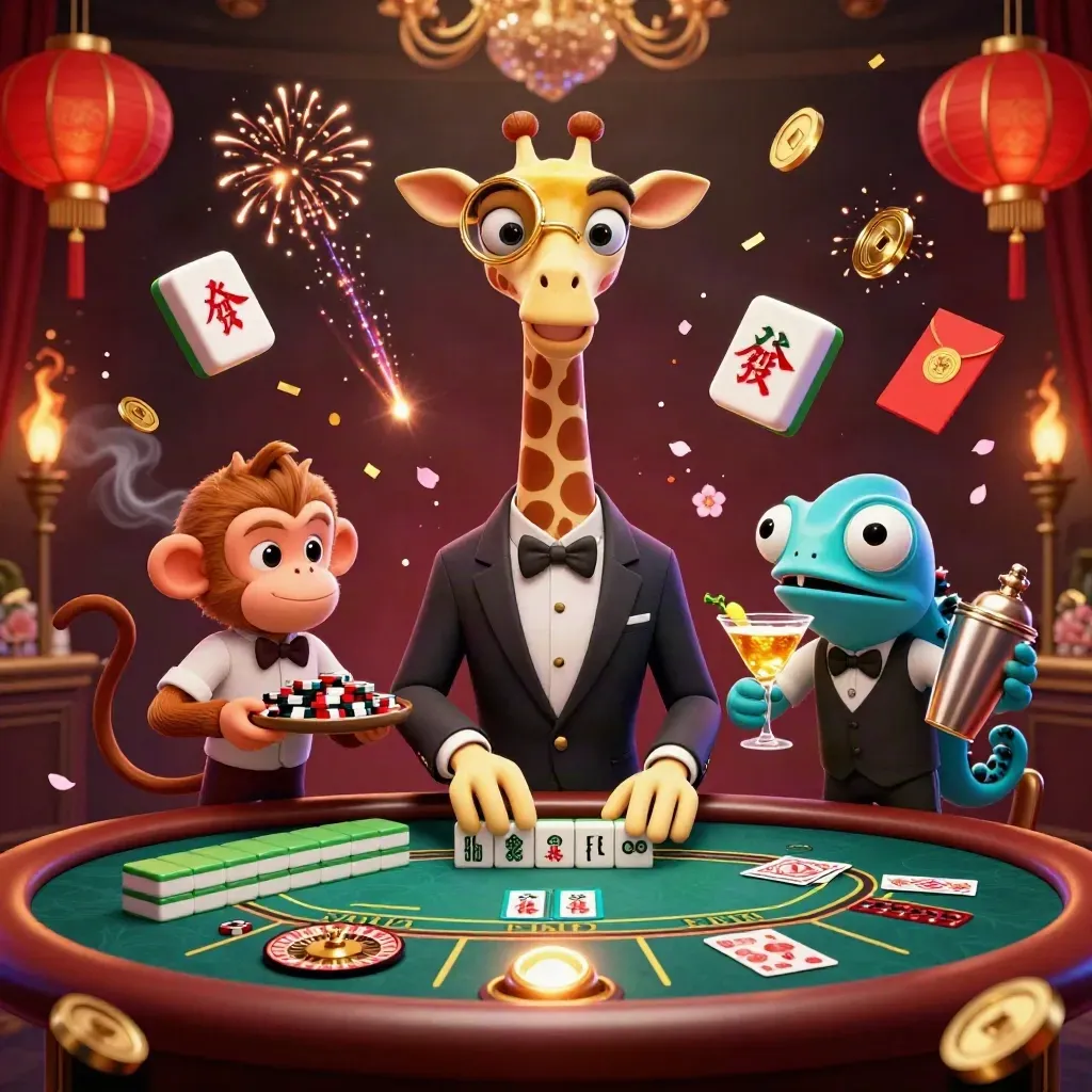 Giraffe high roller, monkey valet, and chameleon bartender in a luxe casino scene with glowing gold accents.