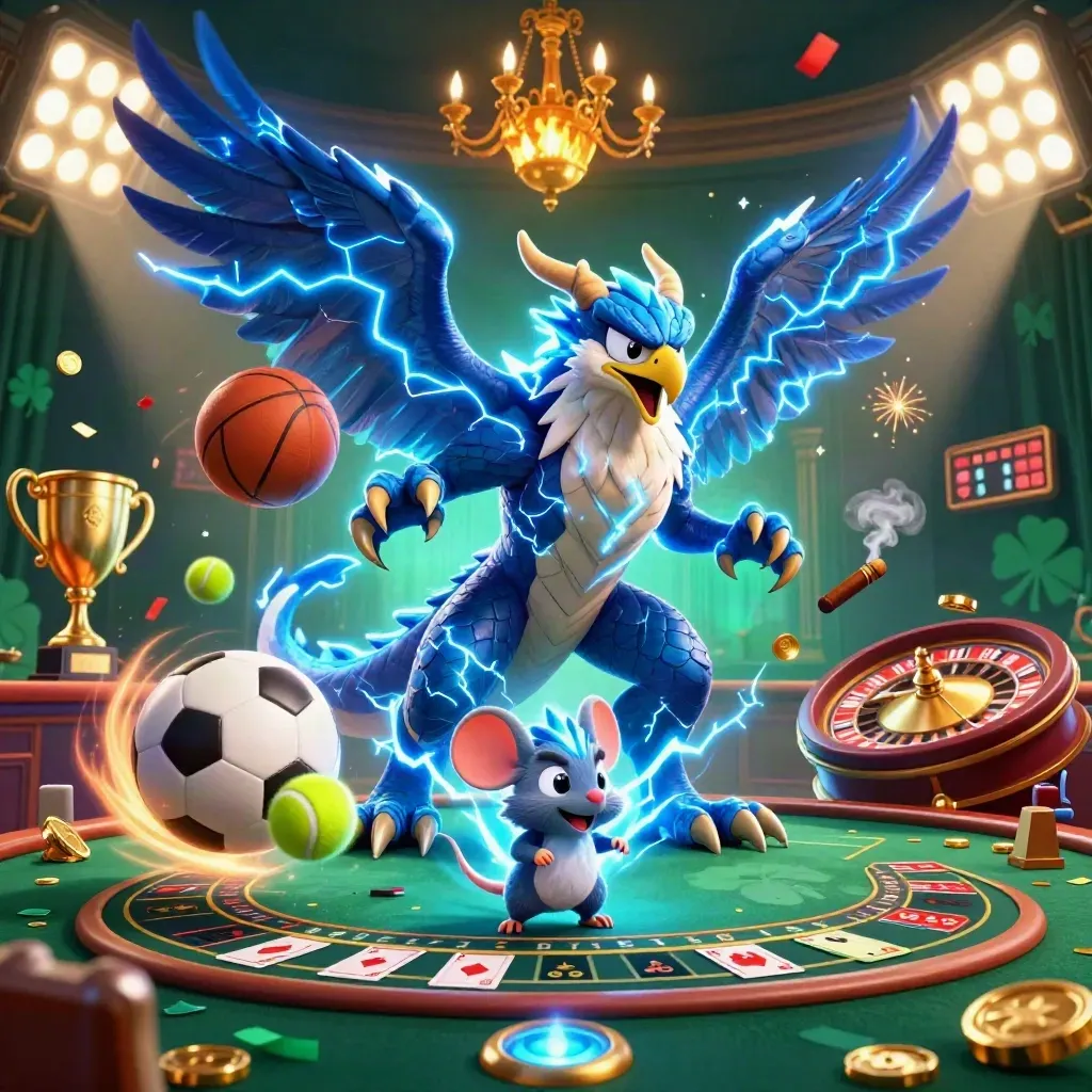 Thunder dragon, wind hawk, and static mouse in a luxe casino scene with coins, fireworks, and lights.