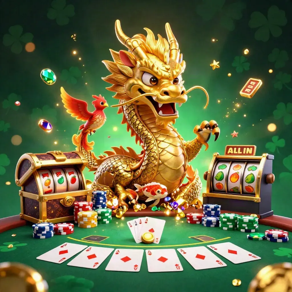 Golden dragon, phoenix, and koi bursting from treasure amid poker chips, aces, and casino lights