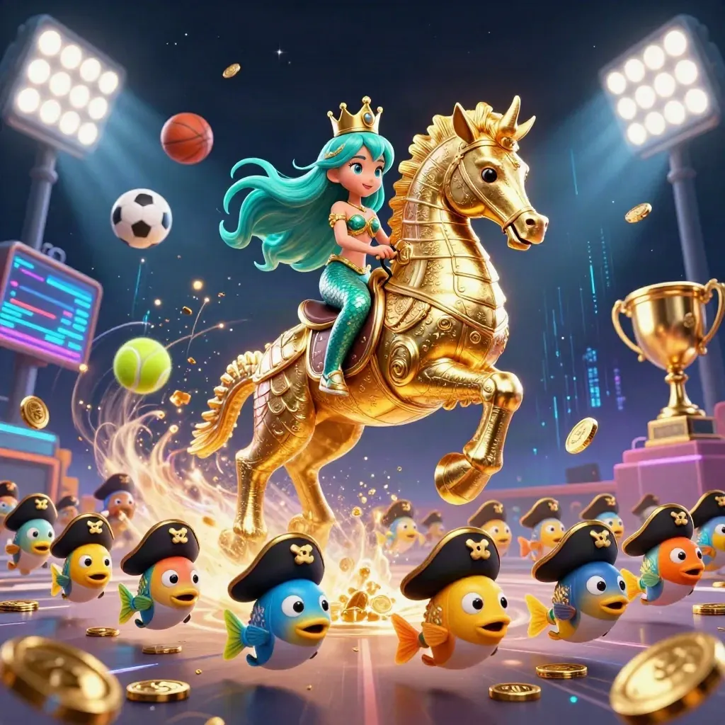 Mermaid princess on armored seahorse with pirate fish, sports balls, trophy, and teal magic.