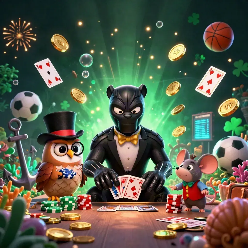 Panther, owl, and mouse amid gold coins, treasure cove glow, fireworks, and sports betting symbols.