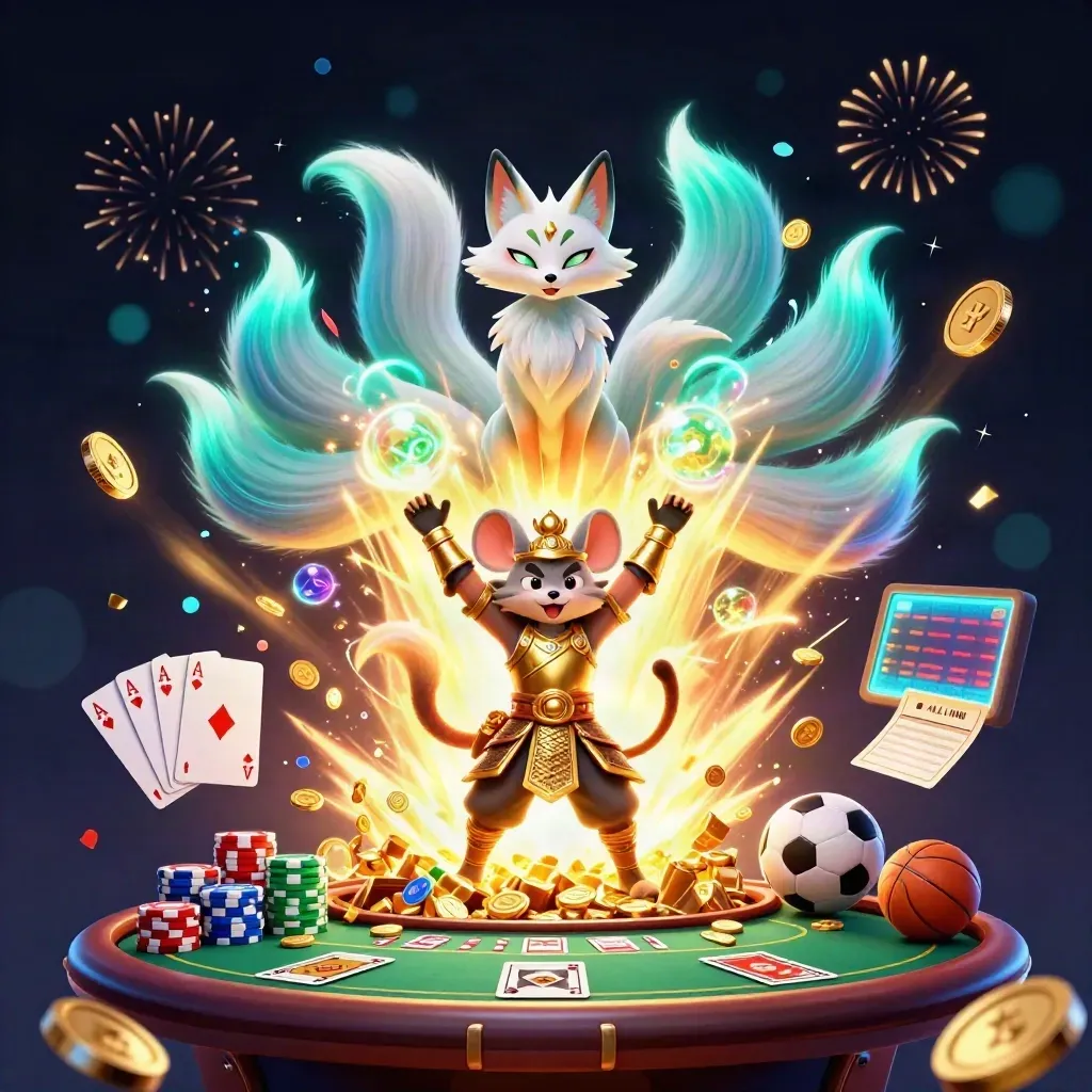 Nine-tailed fox spirit and golden samurai mouse amid coins, chips, fireworks, and a vault burst.