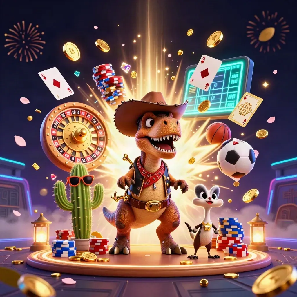 Cowboy T-Rex, cactus sidekick, and roadrunner amid gold coins, gems, chips, and fireworks.