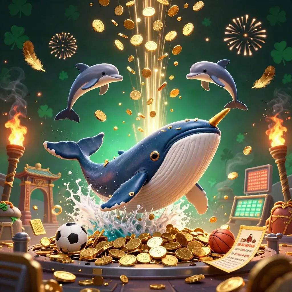 Whale captain, narwhal, and dolphins burst from coins amid fireworks and casino gold.