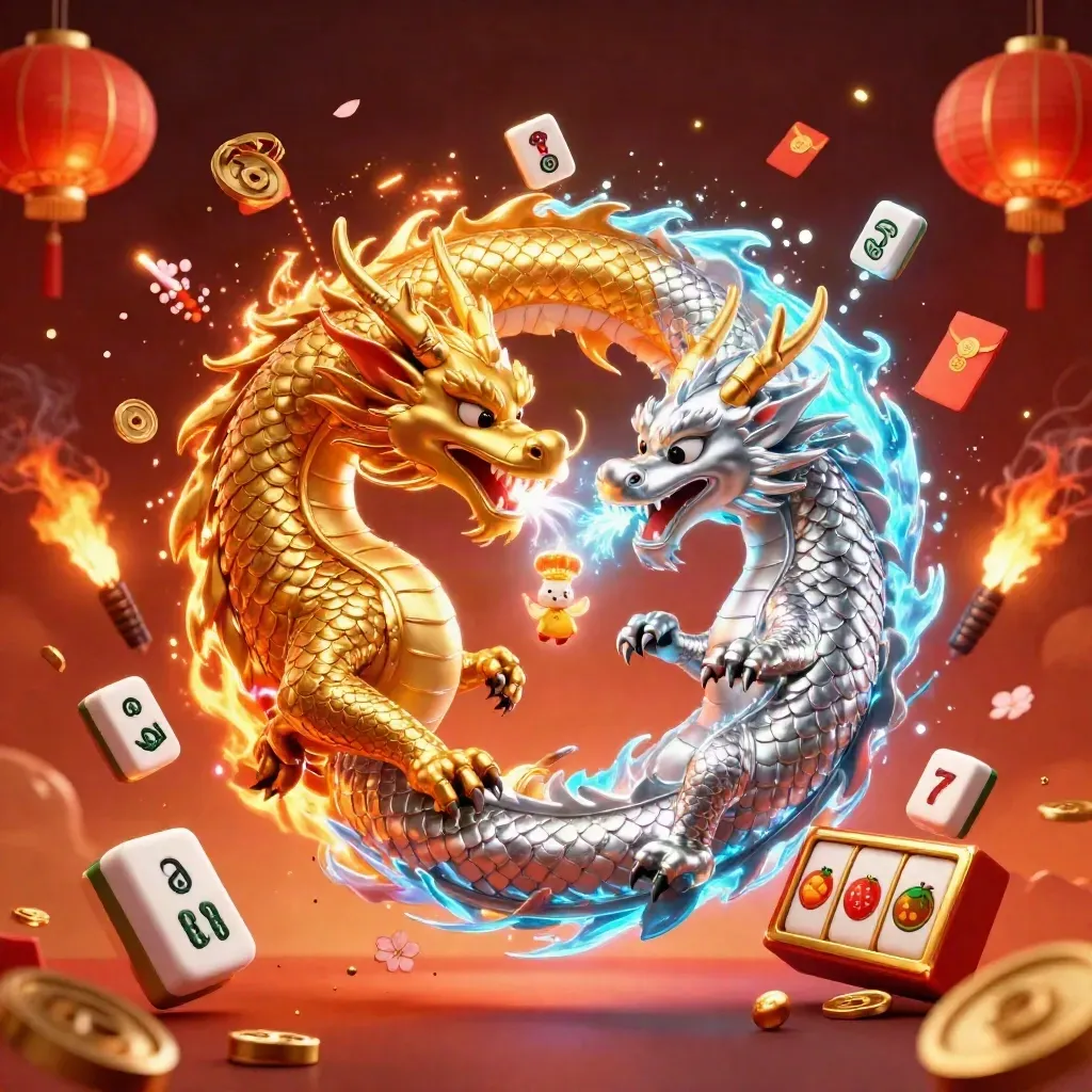 Gold and silver dragons spiral in a fiery yin-yang with casino charms and teal glow.