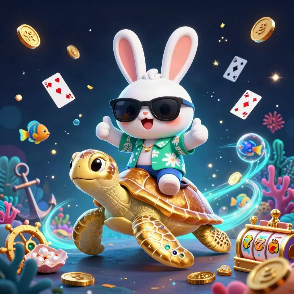 Lucky rabbit rides a jeweled sea turtle amid coin showers, cards, coral, and casino sparks.